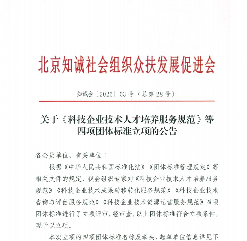 关于《科技企业技术人才培养服务规范》等 四项团体标准立项的公告